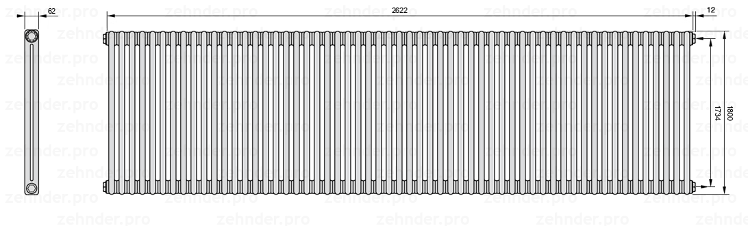 Схема (чертеж) Радиатор Zehnder Charleston 2180/57 №7610 Белый глянцевый RAL 9016